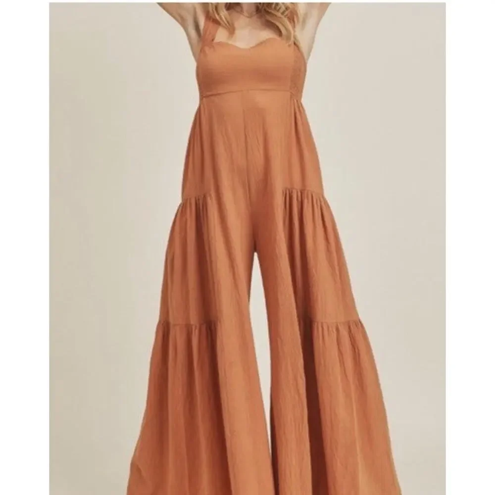 NWT Very J Wide Leg Palazzo Jumpsuit Women’s Sz Large Camel Orange Smocked - Picture 2 of 13